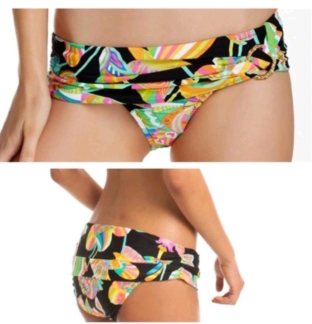 Trina Turk Tahitian Paisley Bikini Bottom Gold Buckle Foldover Sz 10